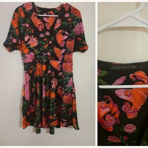 Zara Woman Floral Wrap Mini Dress Black Orange Pink Size S